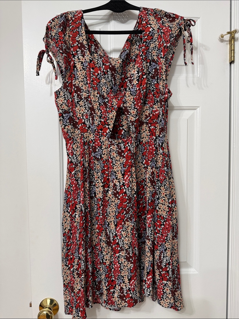 Free People Red Multi Floral Midi Dress with Tie Shoulders